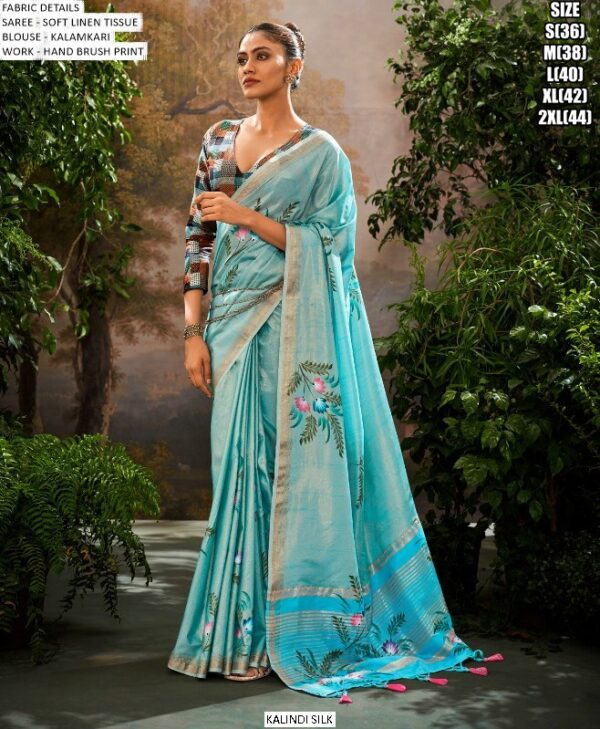 Party Wear Soft Linen Tissue Hand Brush Printed Saree With Kalamkari Work Blouse