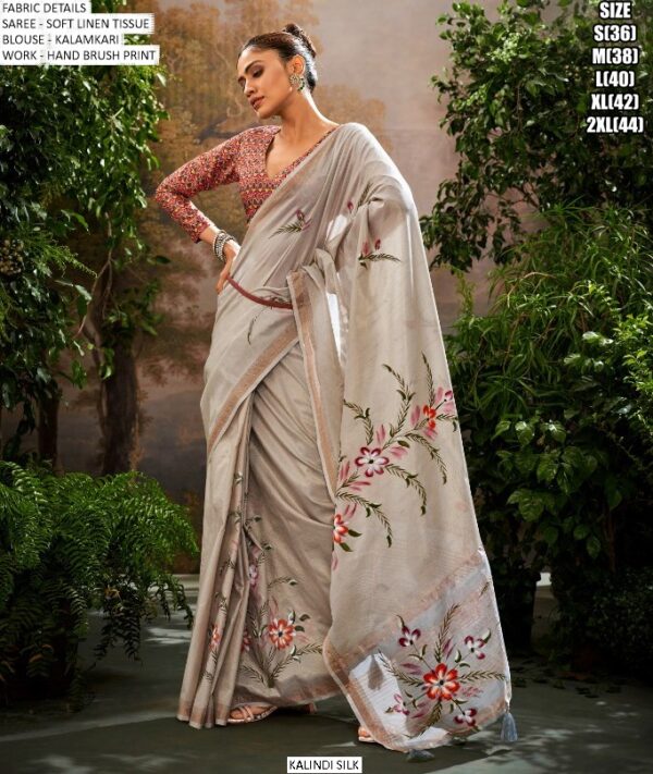 Party Wear Soft Linen Tissue Hand Brush Printed Saree With Kalamkari Work Blouse