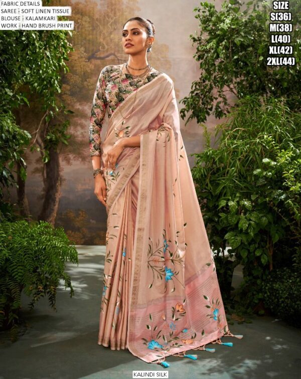 Party Wear Soft Linen Tissue Hand Brush Printed Saree With Kalamkari Work Blouse