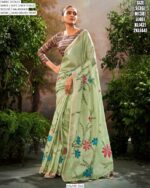 Party Wear Soft Linen Tissue Hand Brush Printed Saree With Kalamkari Work Blouse