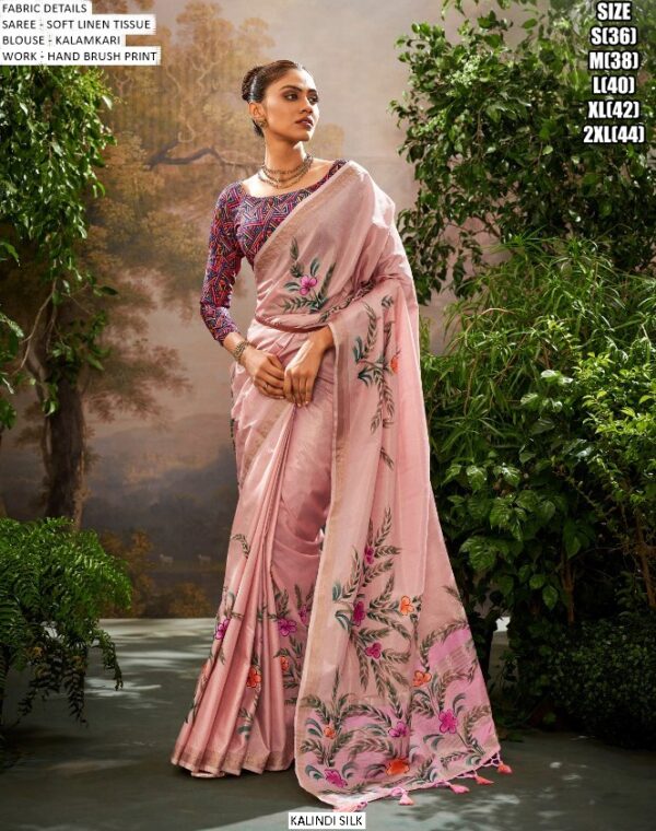 Party Wear Soft Linen Tissue Hand Brush Printed Saree With Kalamkari Work Blouse