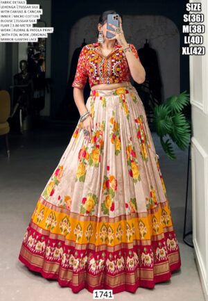 Tussar Silk Floral And Patola Print With Foil Work Navratri Lehenga Choli