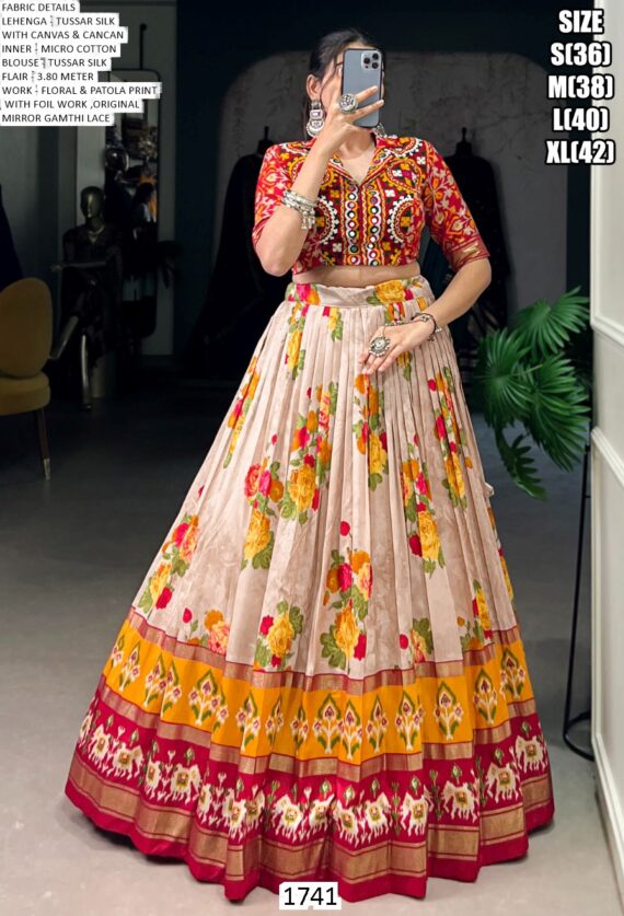 Tussar Silk Floral And Patola Print With Foil Work Navratri Lehenga Choli
