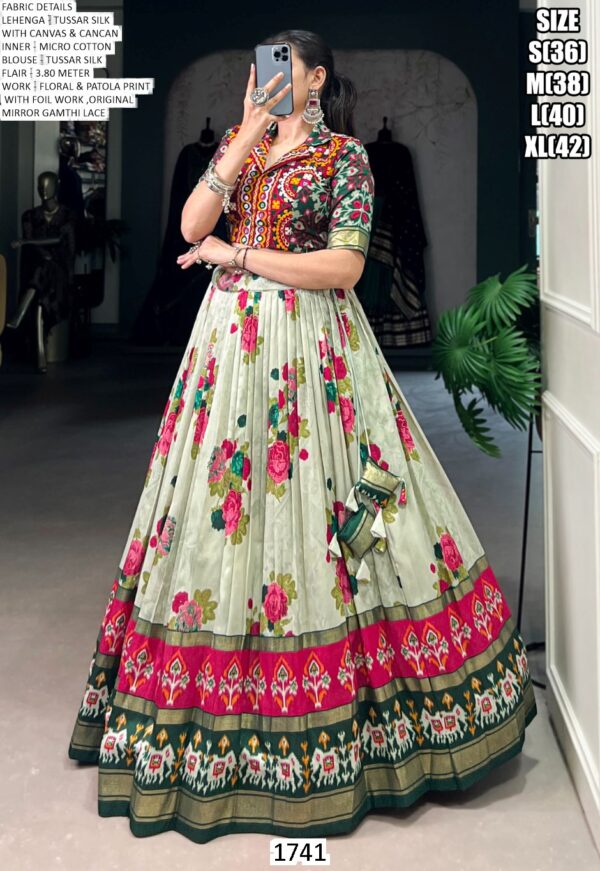 Tussar Silk Floral And Patola Print With Foil Work Navratri Lehenga Choli