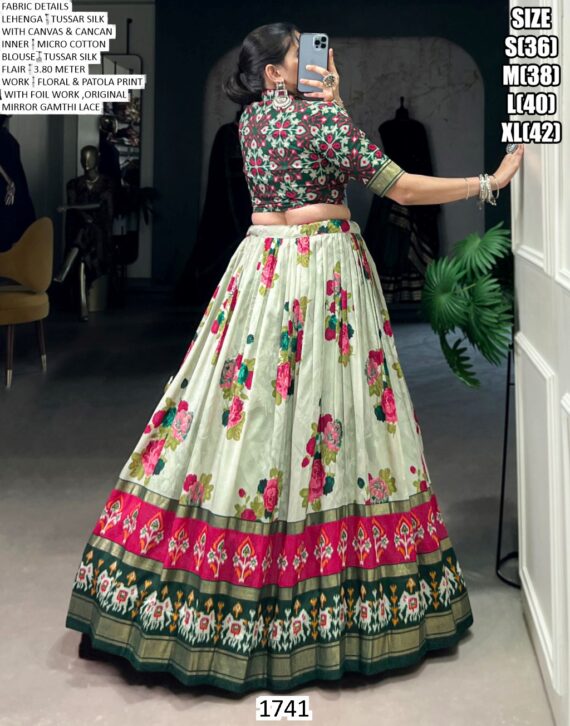 Tussar Silk Floral And Patola Print With Foil Work Navratri Lehenga Choli