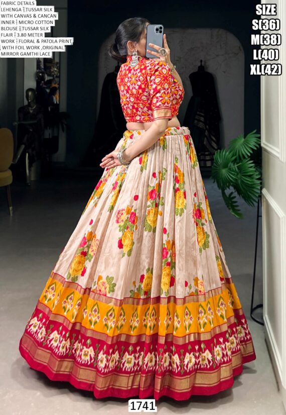 Tussar Silk Floral And Patola Print With Foil Work Navratri Lehenga Choli