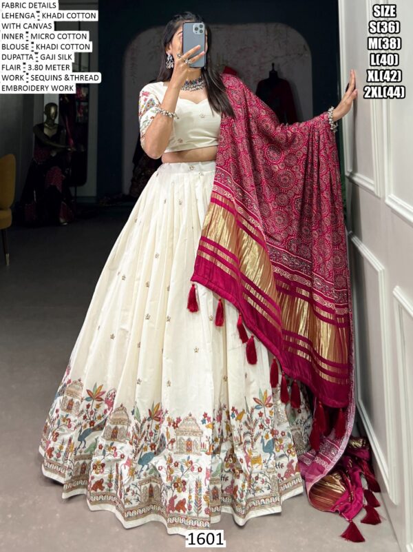 Navratri Garba Wear Khadi Cotton Embroidered Lehenga Set With Printed Gaji Silk Dupatta