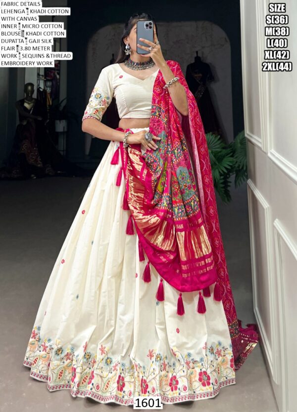 Navratri Garba Wear Khadi Cotton Embroidered Lehenga Set With Printed Gaji Silk Dupatta