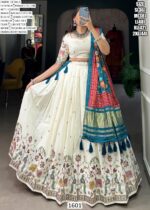 Navratri Garba Wear Khadi Cotton Embroidered Lehenga Set With Printed Gaji Silk Dupatta