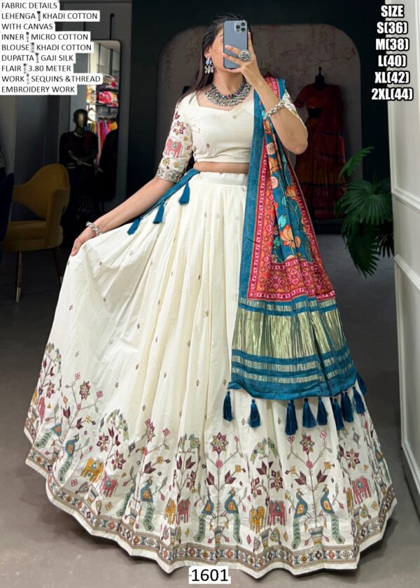 Navratri Garba Wear Khadi Cotton Embroidered Lehenga Set With Printed Gaji Silk Dupatta