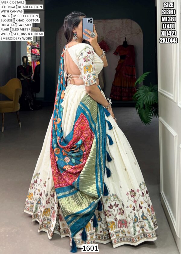 Navratri Garba Wear Khadi Cotton Embroidered Lehenga Set With Printed Gaji Silk Dupatta