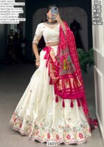 Navratri Garba Wear Khadi Cotton Embroidered Lehenga Set With Printed Gaji Silk Dupatta