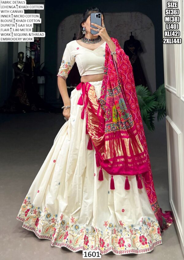 Navratri Garba Wear Khadi Cotton Embroidered Lehenga Set With Printed Gaji Silk Dupatta