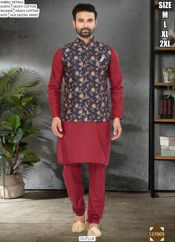 Outluk Wedding Collection, Readymade Heavy Cotton Men's Kurta Pajama And Koti