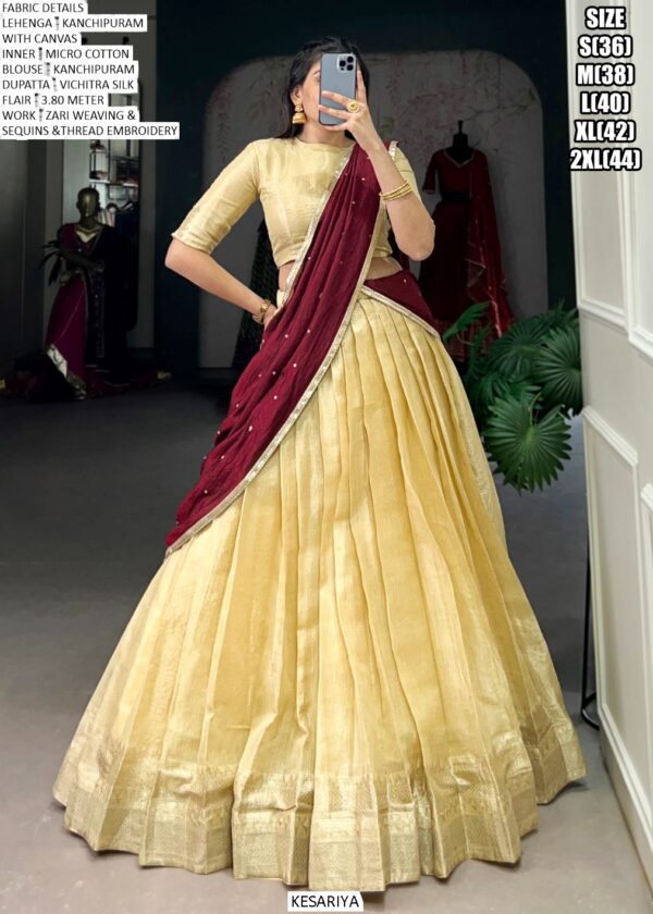 Kanchipuram South Indian Style Zari Weaving Semi-Stitched Lehenga Choli