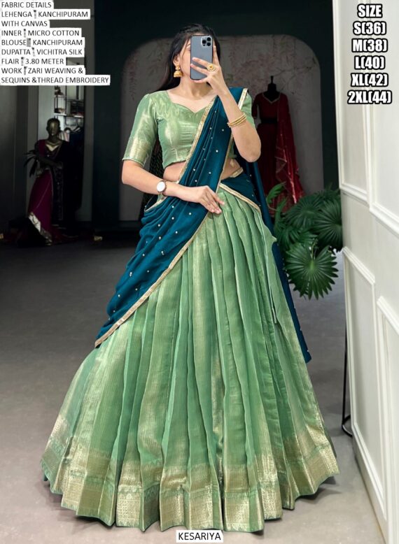 Kanchipuram South Indian Style Zari Weaving Semi-Stitched Lehenga Choli