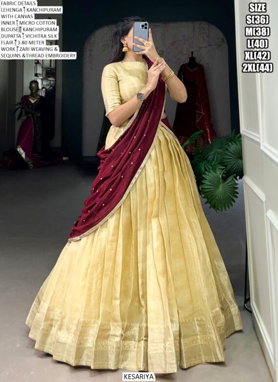 Kanchipuram South Indian Style Zari Weaving Semi-Stitched Lehenga Choli