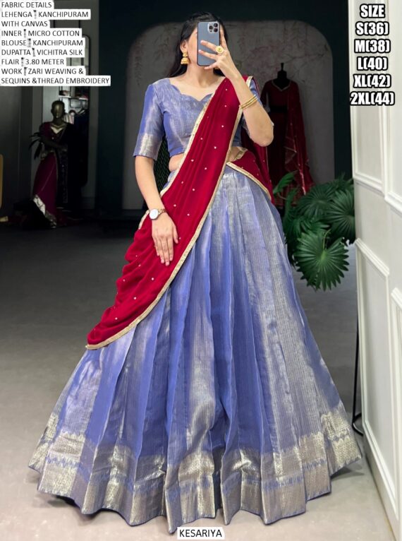 Kanchipuram South Indian Style Zari Weaving Semi-Stitched Lehenga Choli