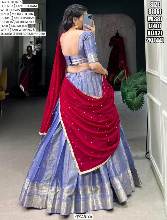 Kanchipuram South Indian Style Zari Weaving Semi-Stitched Lehenga Choli