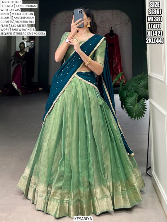 Kanchipuram South Indian Style Zari Weaving Semi-Stitched Lehenga Choli