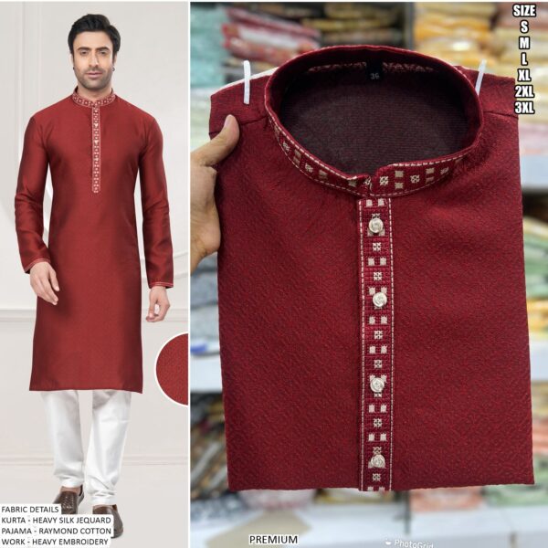 Traditional Heavy Silk Jacquard Embroidery Work Men's Kurta Pajama Collection