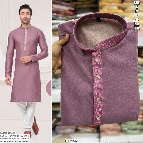 Traditional Heavy Silk Jacquard Embroidery Work Men's Kurta Pajama Collection