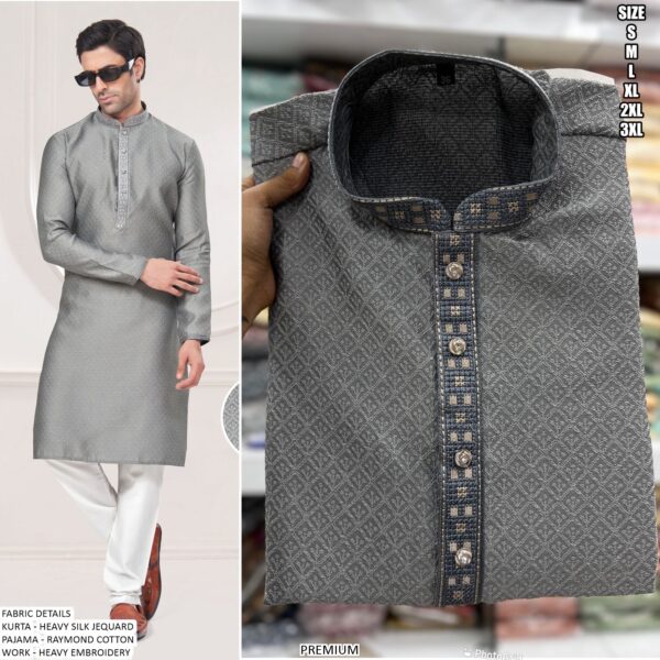 Traditional Heavy Silk Jacquard Embroidery Work Men's Kurta Pajama Collection