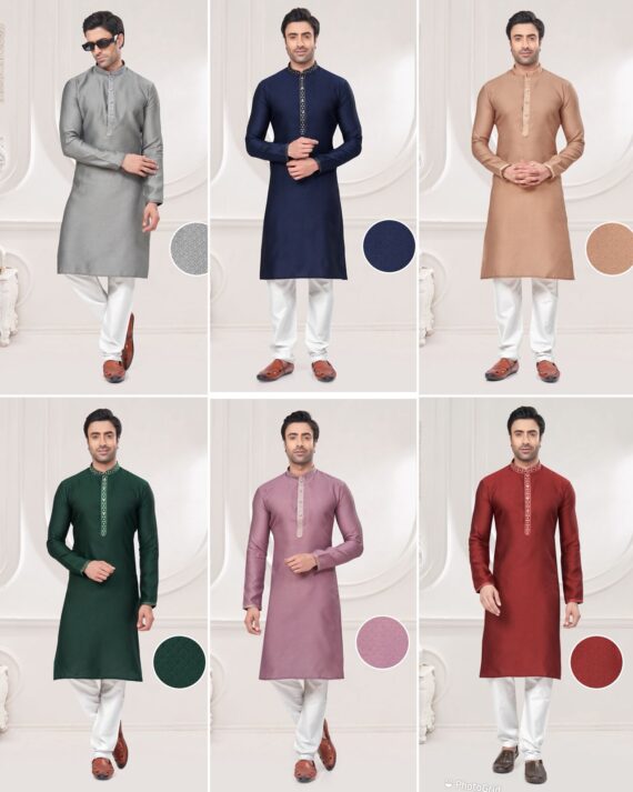 Traditional Heavy Silk Jacquard Embroidery Work Men's Kurta Pajama Collection
