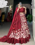 Red Tussar Silk Printed Lehenga Choli With Floral Print With Foil Work