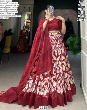 Red Tussar Silk Printed Lehenga Choli With Floral Print With Foil Work