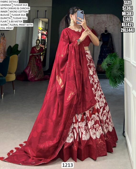 Red Tussar Silk Printed Lehenga Choli With Floral Print With Foil Work