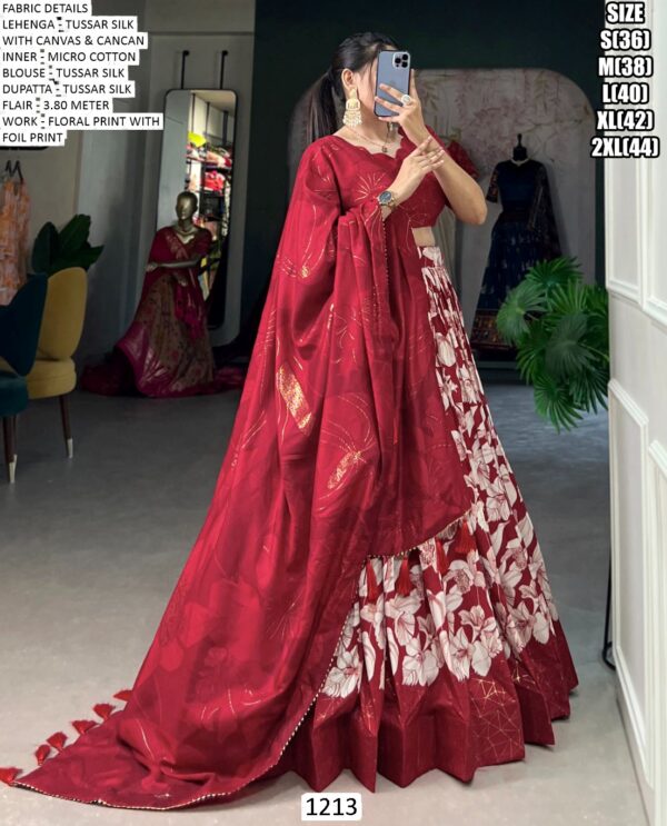 Red Tussar Silk Printed Lehenga Choli With Floral Print With Foil Work