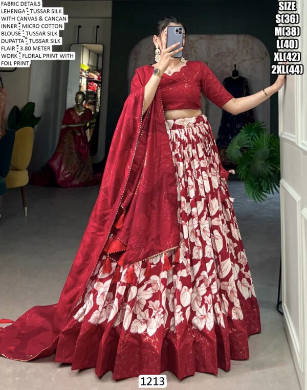Red Tussar Silk Printed Lehenga Choli With Floral Print With Foil Work