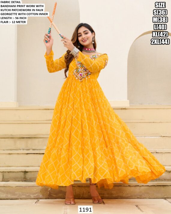 Bandhani Printed Faux Georgette Navratri Wear Readymade Gown (Three Pieces Catalogue)