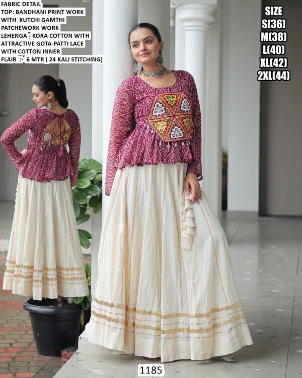 Kora Cotton Bandhani Printed Top With Gota Patti Off-White Lehenga For Navratri Festival