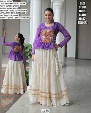 Kora Cotton Bandhani Printed Top With Gota Patti Off-White Lehenga For Navratri Festival