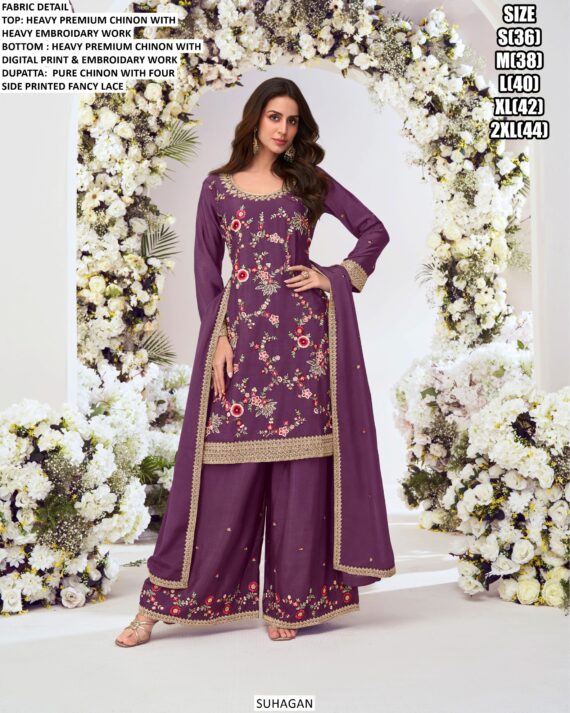 We Launch New Catalogue Floral Embroidered Heavy Premium Chinon Festive Wear Plazo Suits