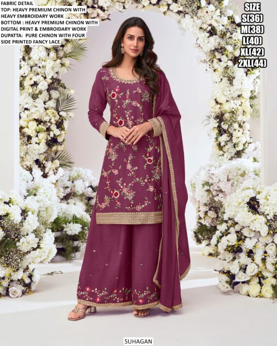 We Launch New Catalogue Floral Embroidered Heavy Premium Chinon Festive Wear Plazo Suits