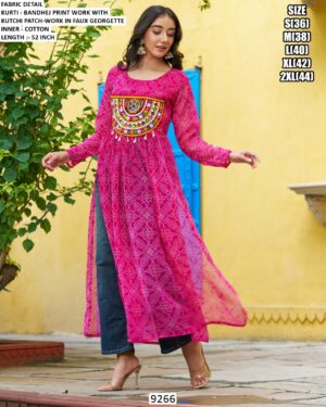 Navratri Wear Bandhej Print Faux Georgette Long Kurti With Kutchi Patch Work