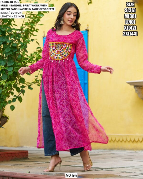 Navratri Wear Bandhej Print Faux Georgette Long Kurti With Kutchi Patch Work