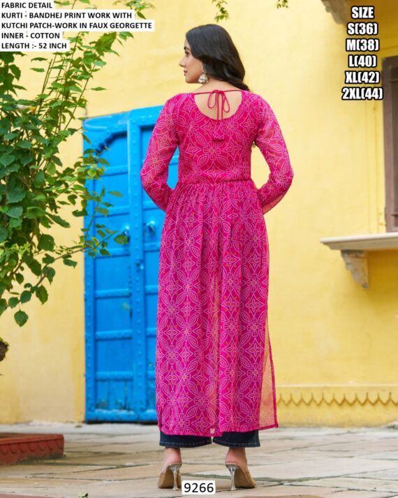 Navratri Wear Bandhej Print Faux Georgette Long Kurti With Kutchi Patch Work