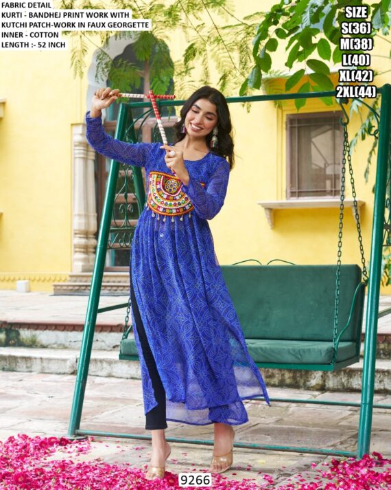 Navratri Wear Bandhej Print Faux Georgette Long Kurti With Kutchi Patch Work