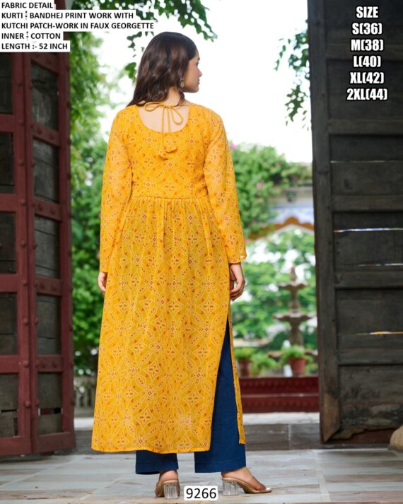 Navratri Wear Bandhej Print Faux Georgette Long Kurti With Kutchi Patch Work