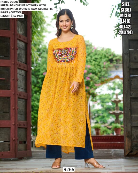 Navratri Wear Bandhej Print Faux Georgette Long Kurti With Kutchi Patch Work