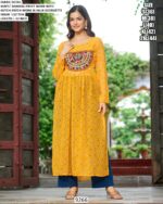 Navratri Wear Bandhej Print Faux Georgette Long Kurti With Kutchi Patch Work
