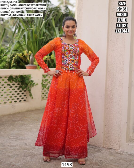 Gujarati Bandhani Print With Designer Work Navratri Wear Ladies Top With Bottom Pair (Co-ord Sets)