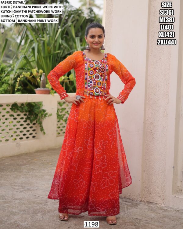 Gujarati Bandhani Print With Designer Work Navratri Wear Ladies Top With Bottom Pair (Co-ord Sets)