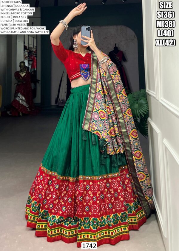 Navratri Special Printed With Foil Work Red Dola Silk Ready To Wear Lehenga Choli