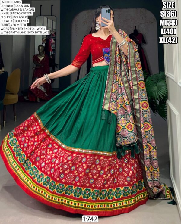 Navratri Special Printed With Foil Work Red Dola Silk Ready To Wear Lehenga Choli