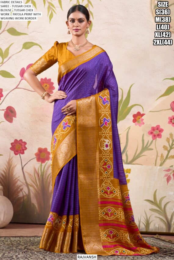Graceful Tussar Chex Patola Printed Weaving Worked Sarees For The Upcoming Festivals